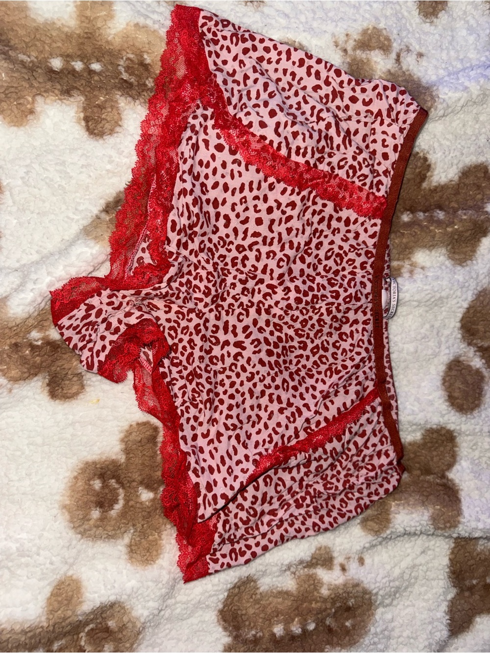 Victoria's Secret Red & Pink Leopard Lace Trim Boyshorts